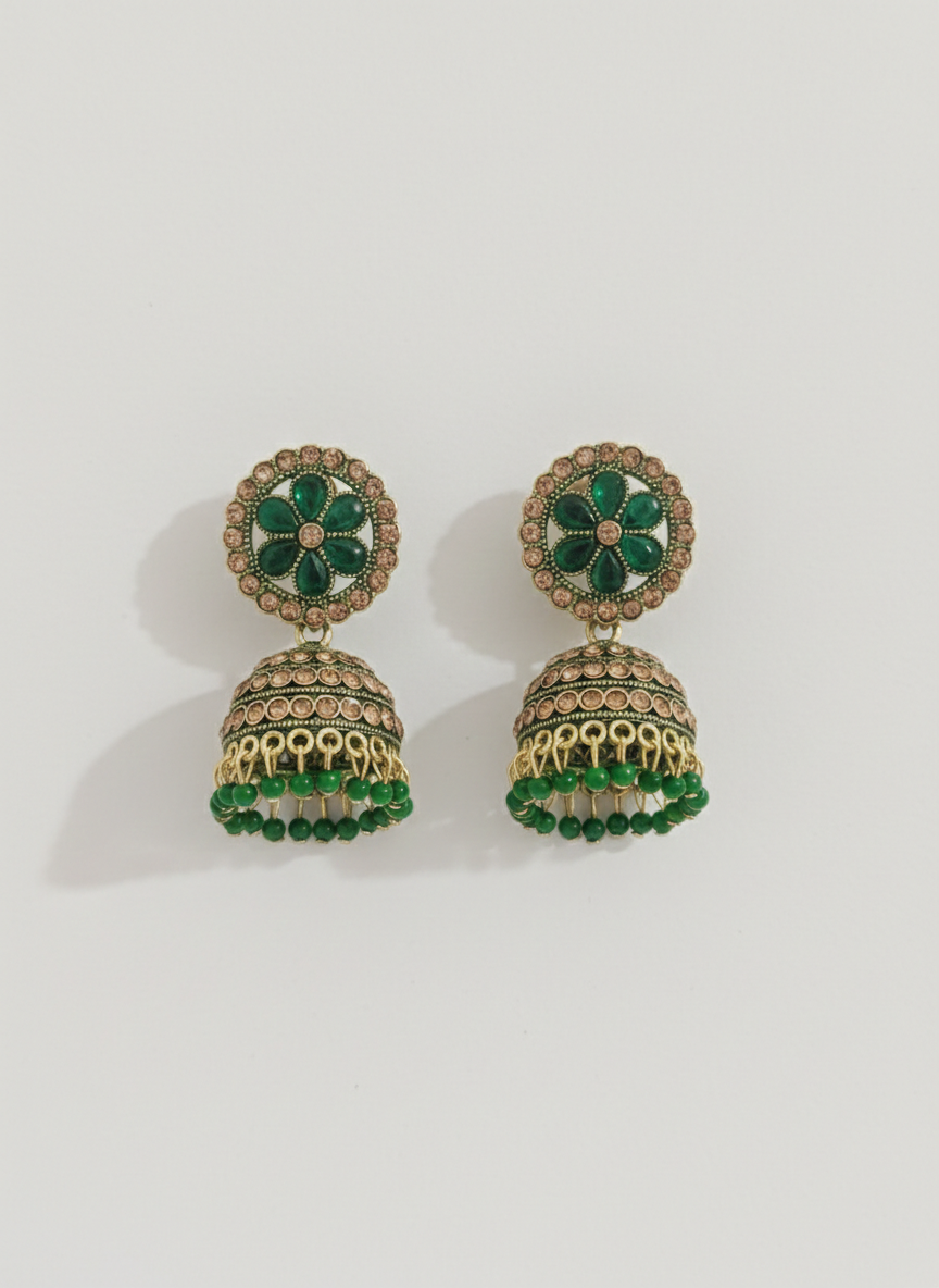 Eluria Emerald Green Floral Jhumka Earrings