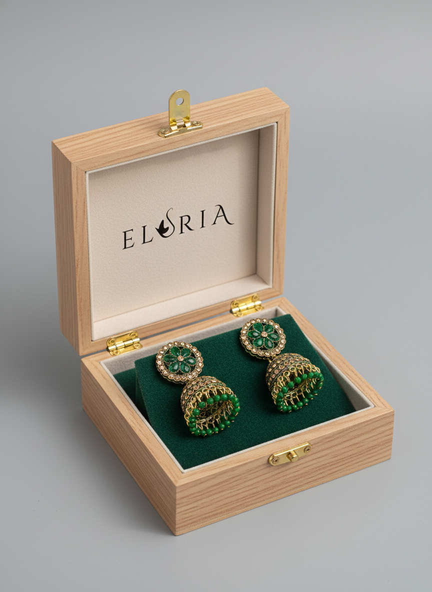 Eluria Emerald Green Floral Jhumka Earrings