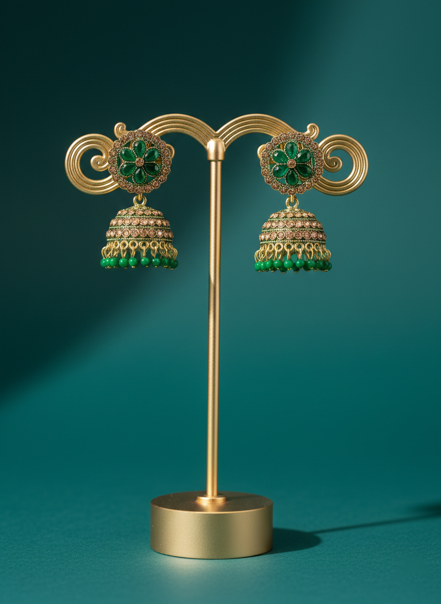 Eluria Emerald Green Floral Jhumka Earrings