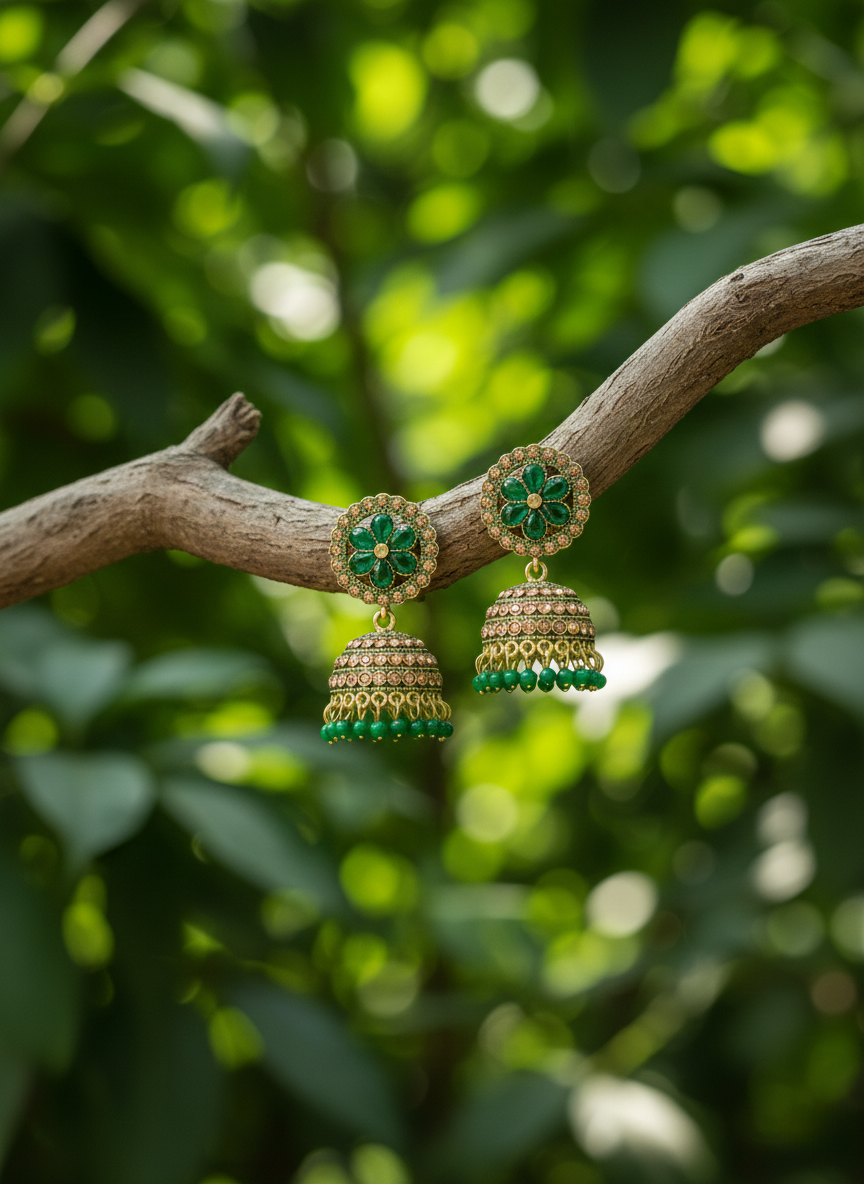 Eluria Emerald Green Floral Jhumka Earrings