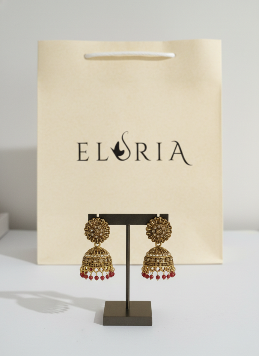 Eluria Antique Gold Floral Jhumka Earrings