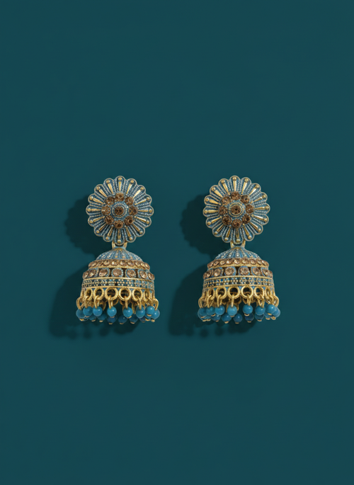 Eluria Blue & Gold Kundan Floral Jhumka Earrings