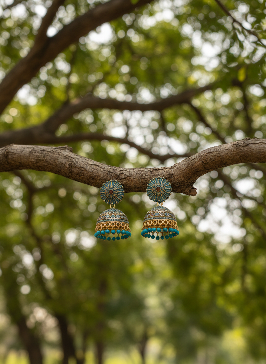 Eluria Blue & Gold Kundan Floral Jhumka Earrings