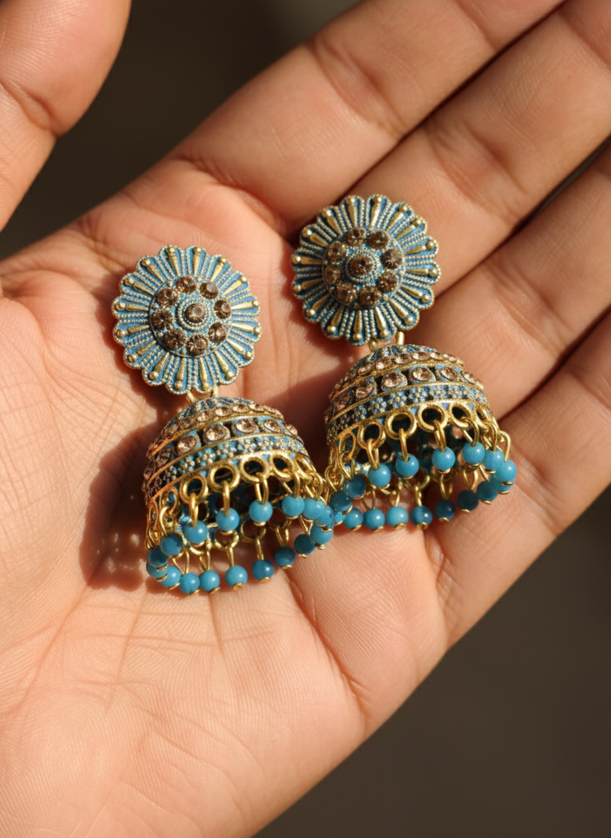 Eluria Blue & Gold Kundan Floral Jhumka Earrings