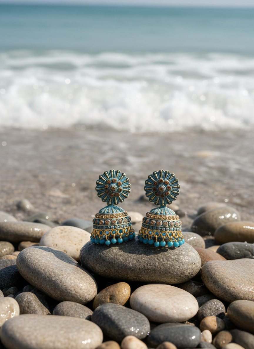 Eluria Blue & Gold Kundan Floral Jhumka Earrings
