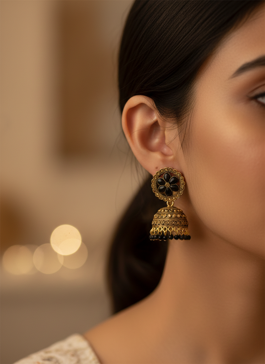 Eluria Antique Black Floral Jhumka Earrings