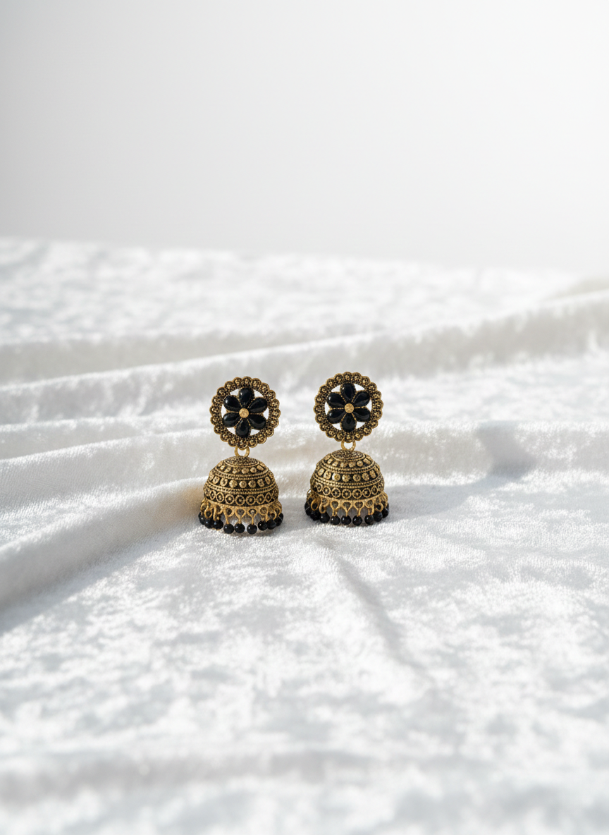 Eluria Antique Black Floral Jhumka Earrings