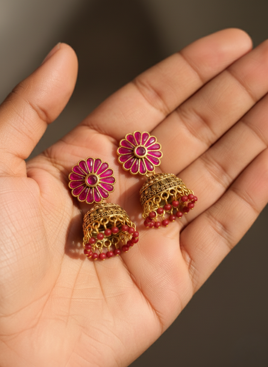 Eluria Gulnar Pink Floral Jhumkas