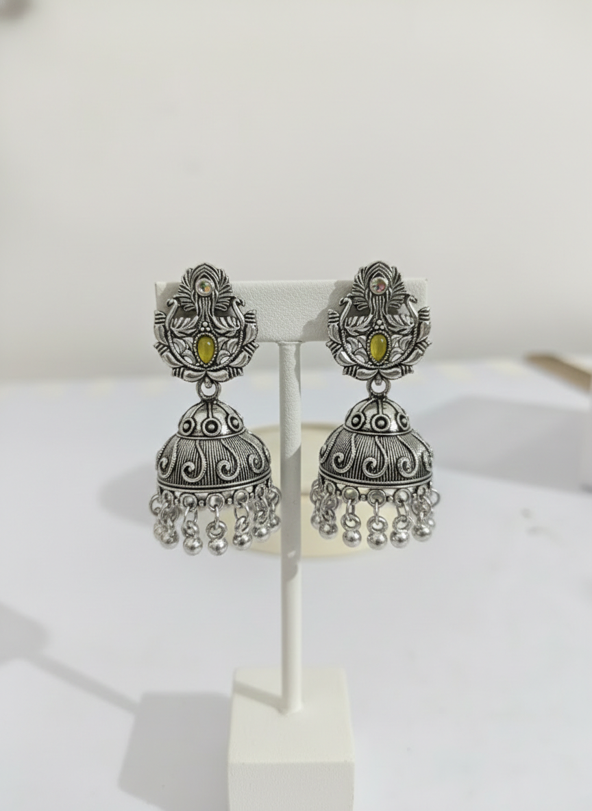 Eluria Oxidized Silver Green Stone Jhumka Earrings