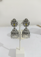 Eluria Oxidized Silver Green Stone Jhumka Earrings