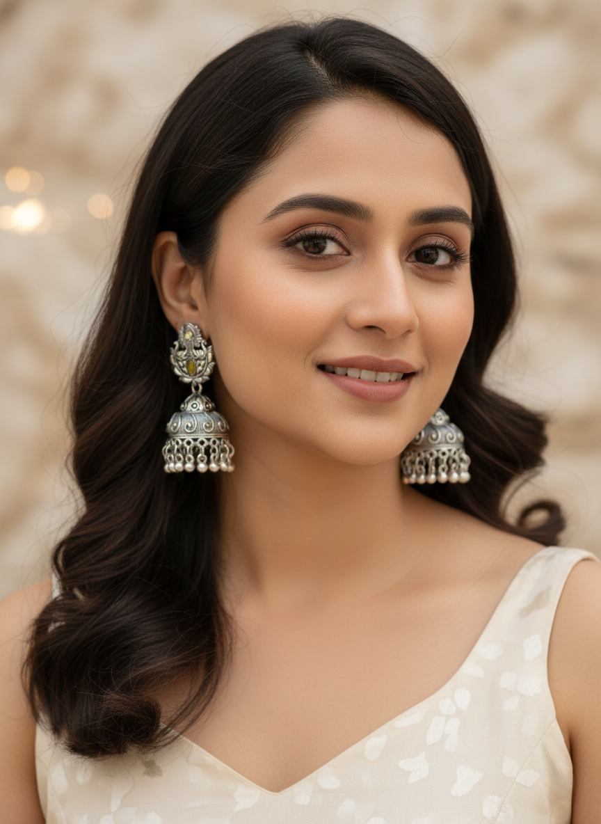 Eluria Oxidized Silver Green Stone Jhumka Earrings