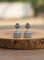 Eluria Oxidized Silver Green Stone Jhumka Earrings