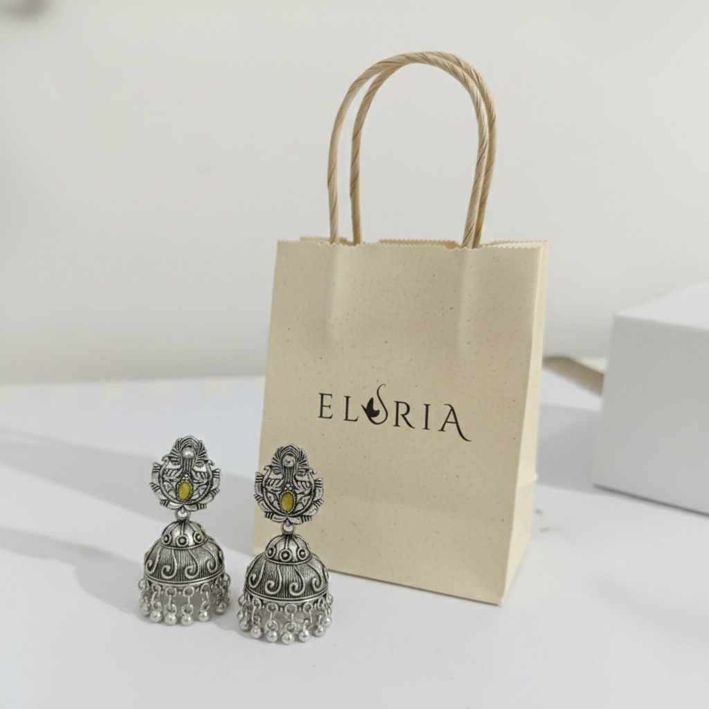Eluria Oxidized Silver Green Stone Jhumka Earrings
