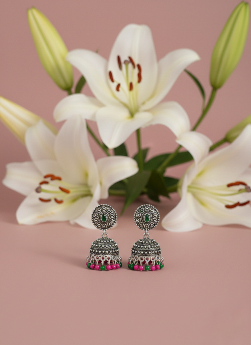 Eluria Oxidized Silver Multicolour Beaded Jhumka Earrings
