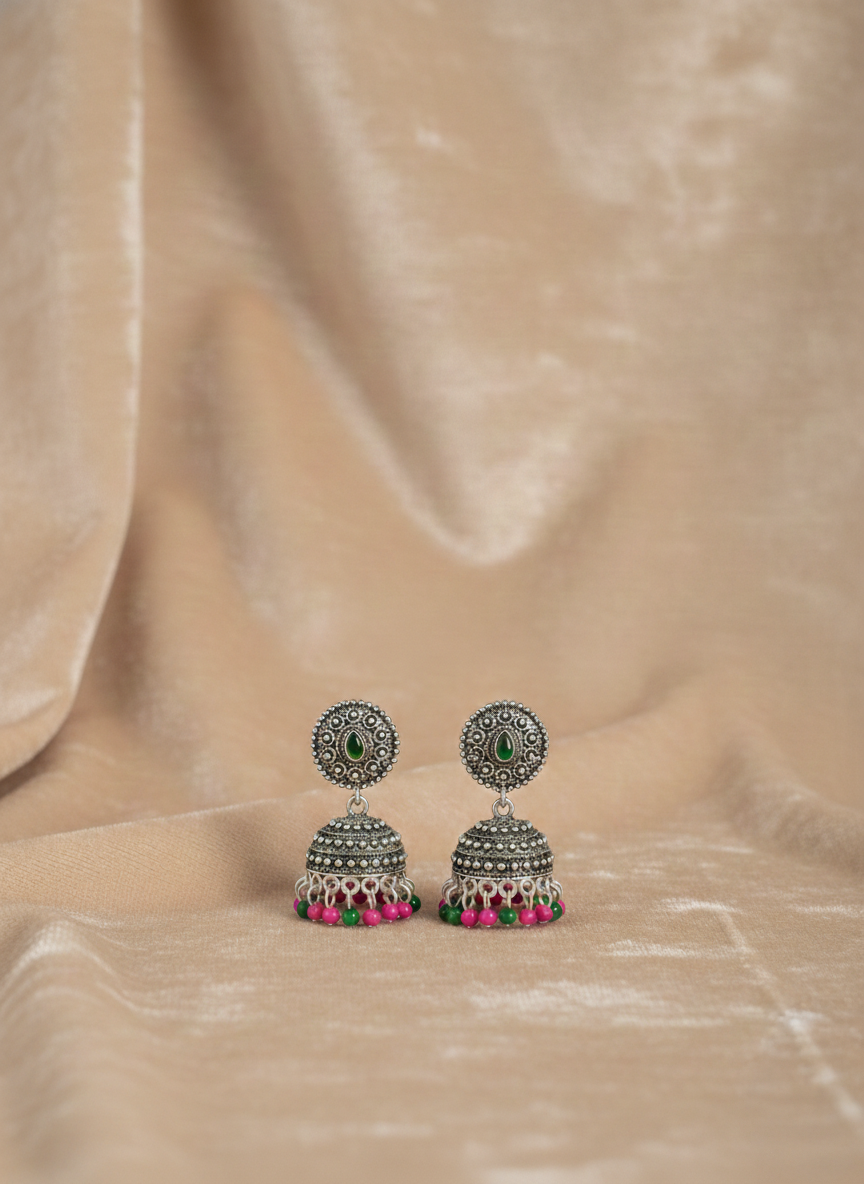 Eluria Oxidized Silver Multicolour Beaded Jhumka Earrings