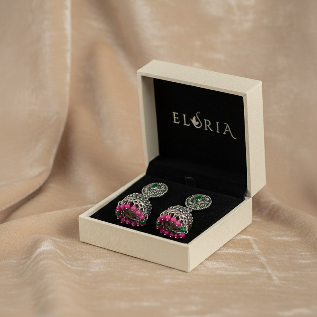 Eluria Oxidized Silver Multicolour Beaded Jhumka Earrings