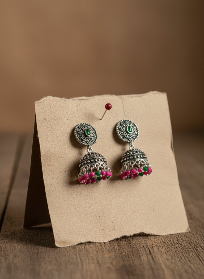 Eluria Oxidized Silver Multicolour Beaded Jhumka Earrings