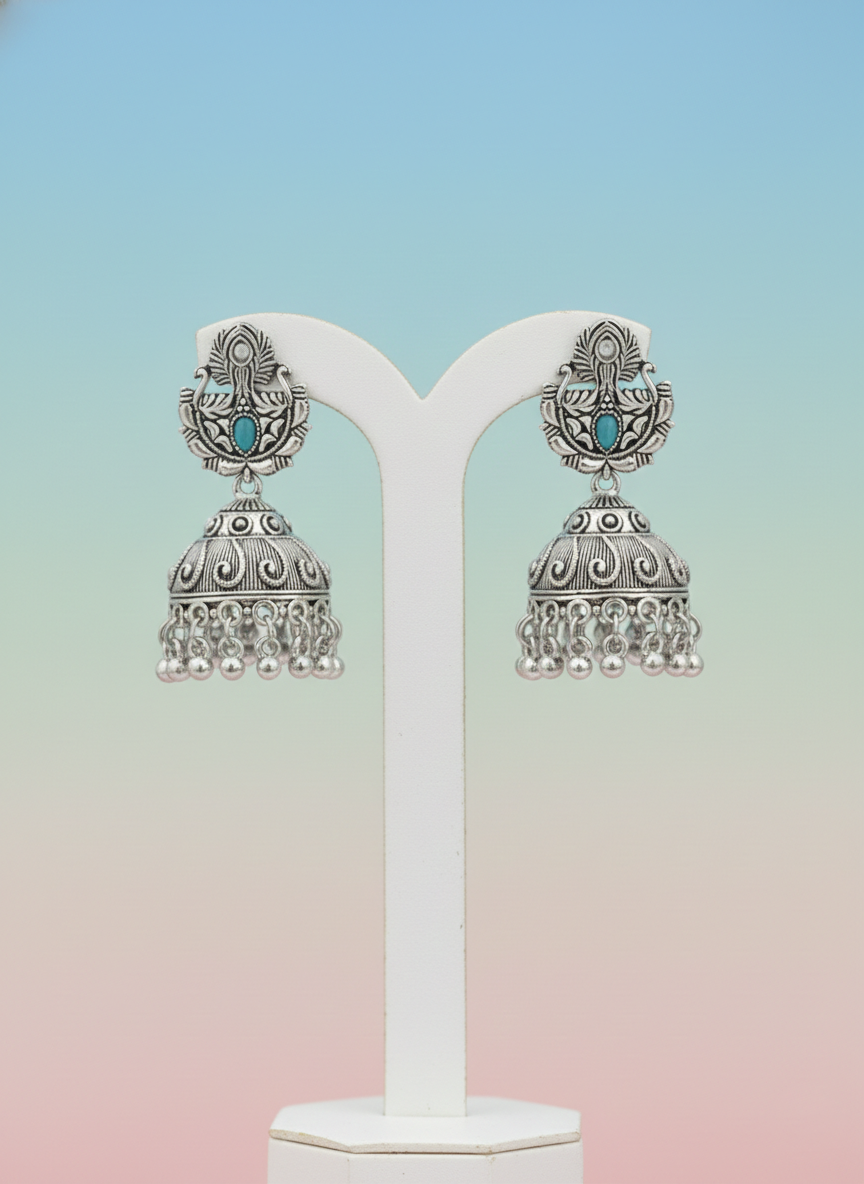 Eluria Oxidized Silver Blue & Green Stone Jhumka Earrings