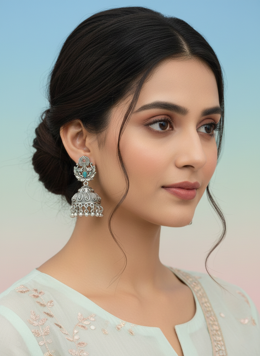 Eluria Oxidized Silver Blue & Green Stone Jhumka Earrings