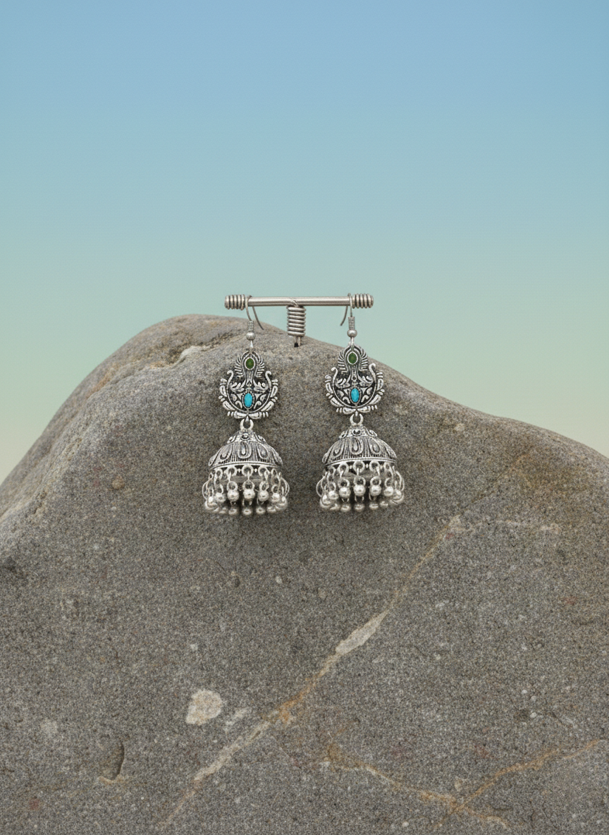 Eluria Oxidized Silver Blue & Green Stone Jhumka Earrings