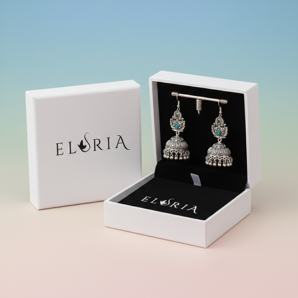 Eluria Oxidized Silver Blue & Green Stone Jhumka Earrings