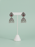 Eluria Oxidized Silver Red Stone Temple Jhumka Earrings