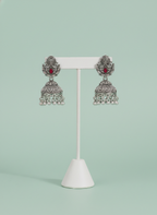 Eluria Oxidized Silver Red Stone Temple Jhumka Earrings