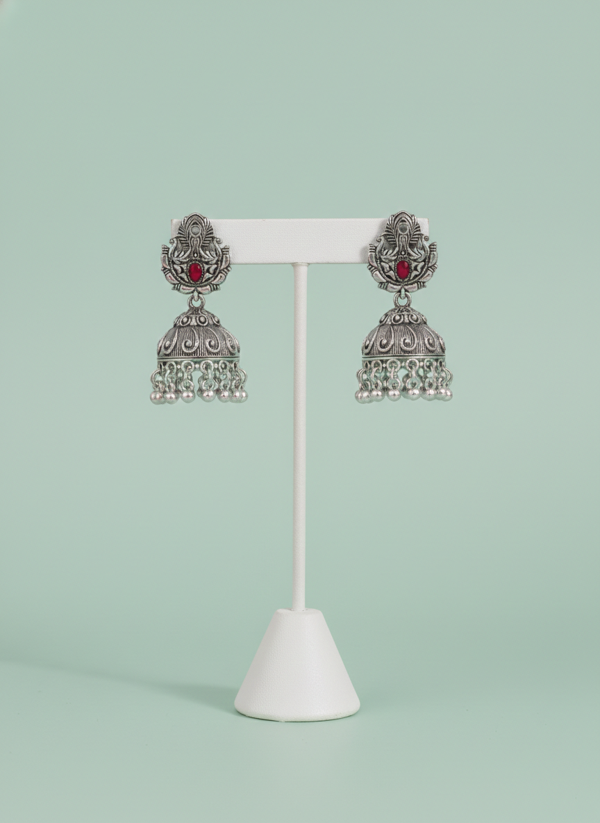 Eluria Oxidized Silver Red Stone Temple Jhumka Earrings