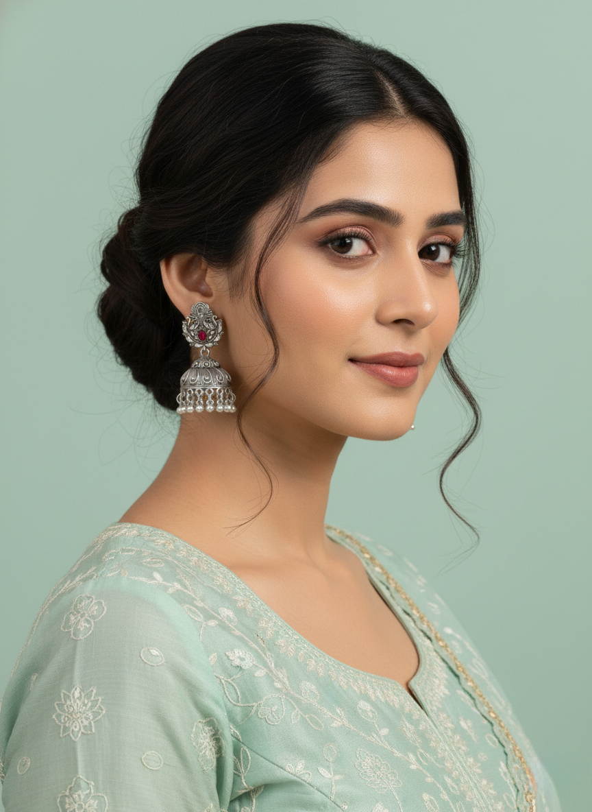Eluria Oxidized Silver Red Stone Temple Jhumka Earrings