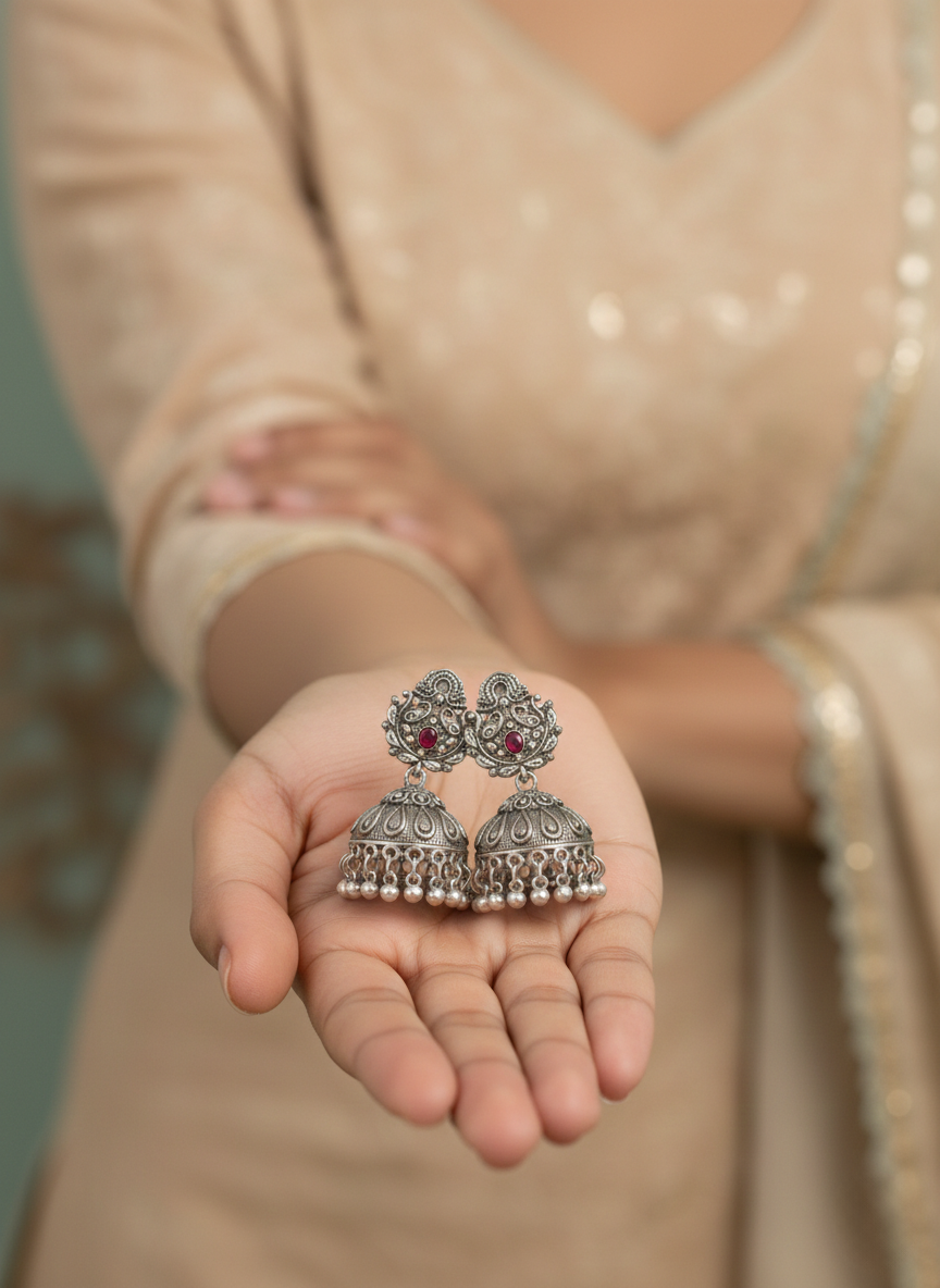 Eluria Oxidized Silver Red Stone Temple Jhumka Earrings