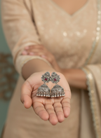 Eluria Oxidized Silver Red Stone Temple Jhumka Earrings