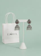Eluria Oxidized Silver Red Stone Temple Jhumka Earrings