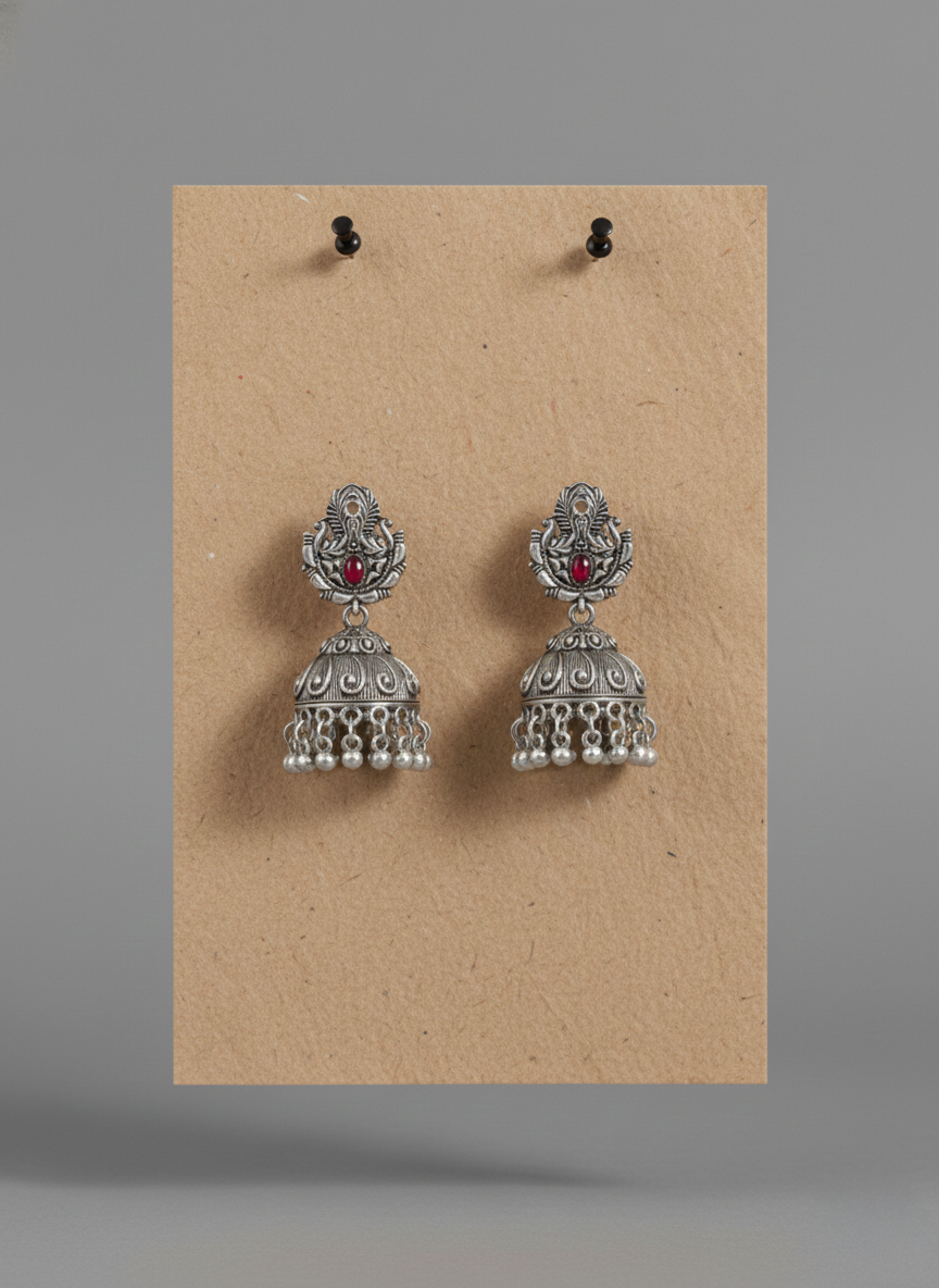Eluria Oxidized Silver Red Stone Temple Jhumka Earrings