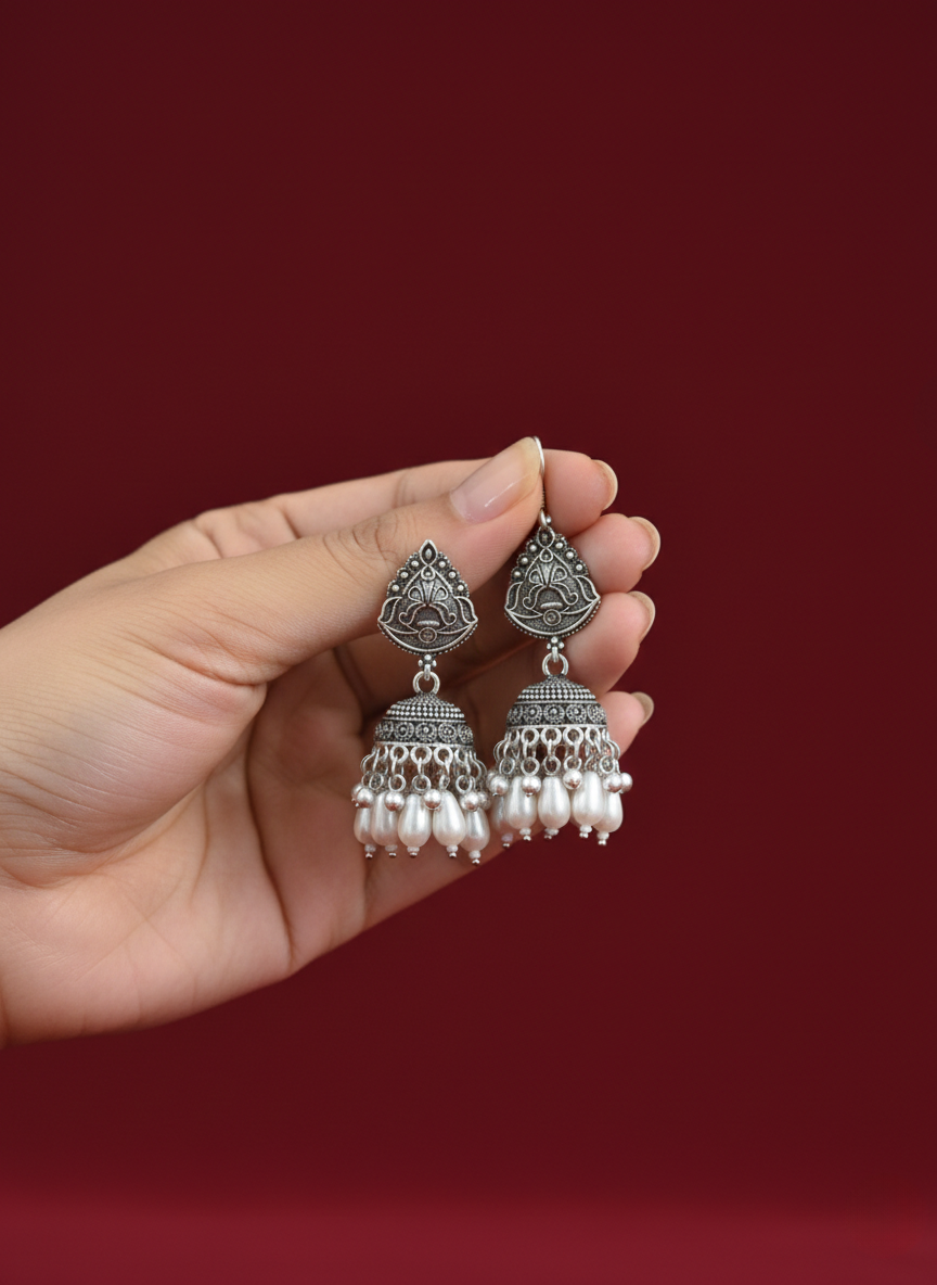 Eluria Oxidized Silver Pearl Drop Jhumka Earrings
