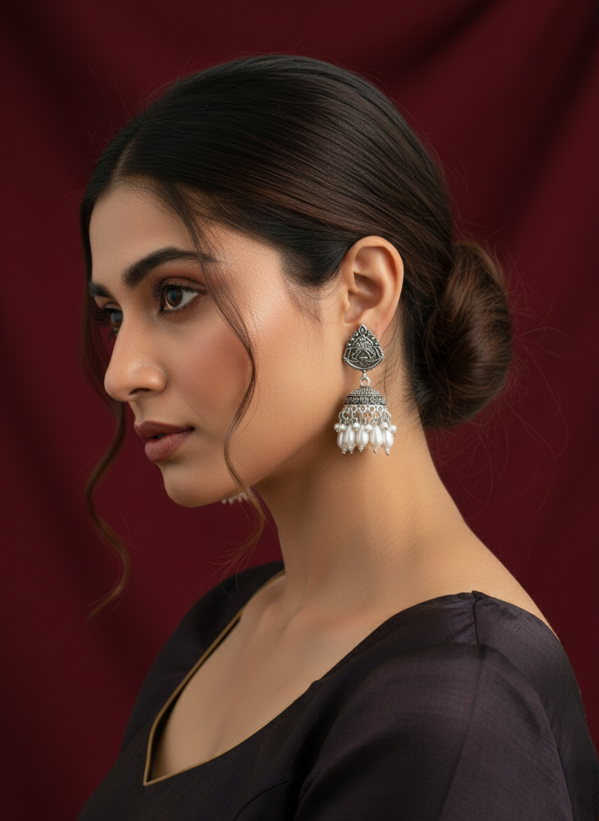 Eluria Oxidized Silver Pearl Drop Jhumka Earrings