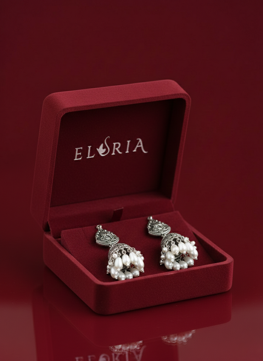 Eluria Oxidized Silver Pearl Drop Jhumka Earrings