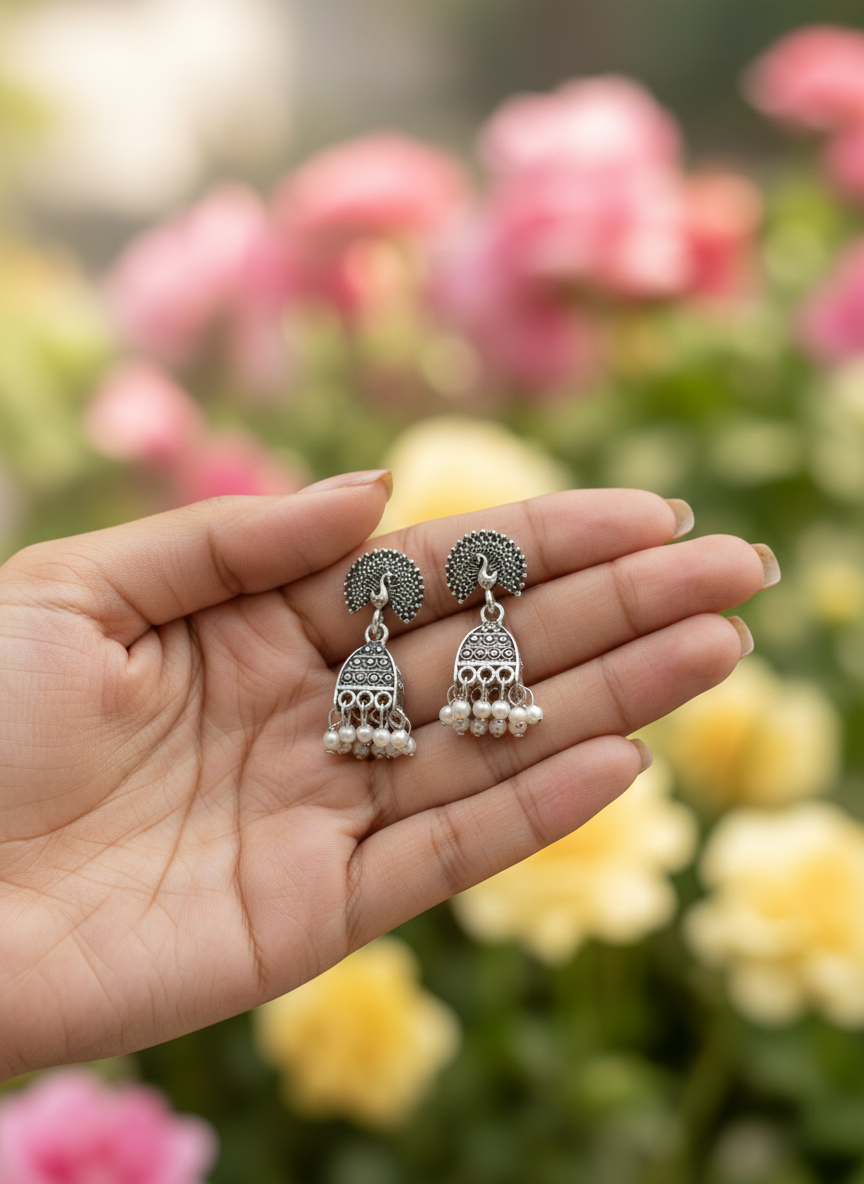 Eluria Oxidized Silver Pearl Drop Mini Jhumka Earrings