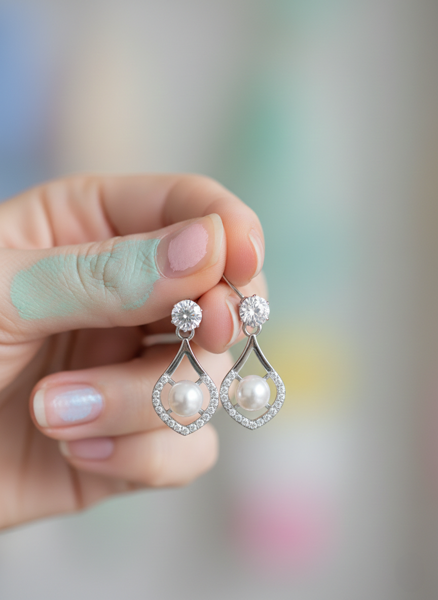 Eluria Stylish Silver Pearl Drop Earrings for Women & Girls | Daily & Party Wear | 1 Pair