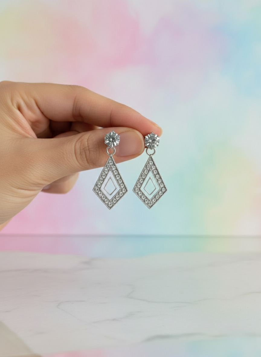 Eluria Stylish Silver Diamond Shape Drop Earrings for Women & Girls | Daily & Party Wear | 1 Pair
