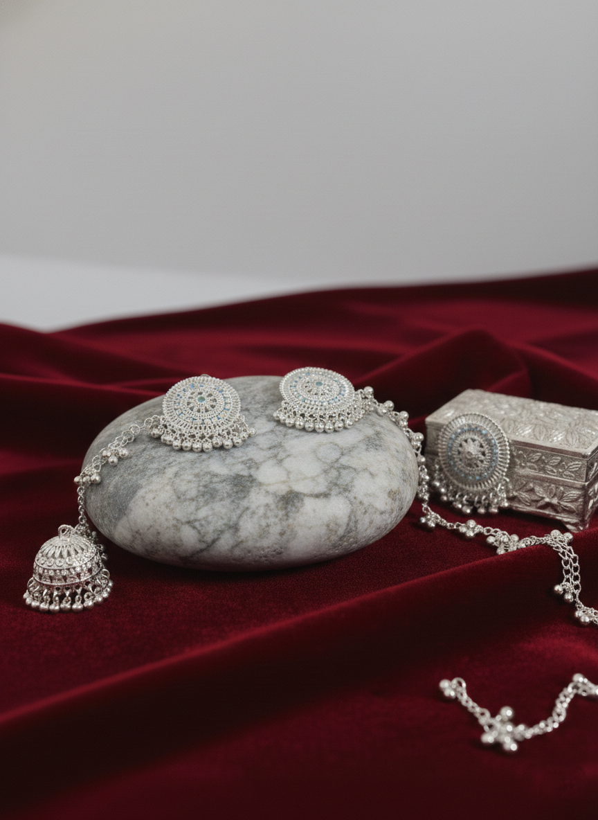 Eluria Noor Silver-Tone Traditional Jhumkas with Ear Chain