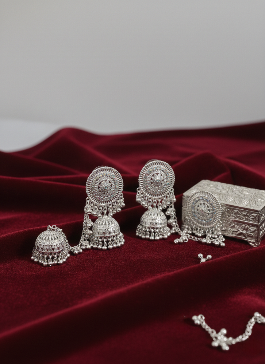 Eluria Noor Silver-Tone Traditional Jhumkas with Ear Chain