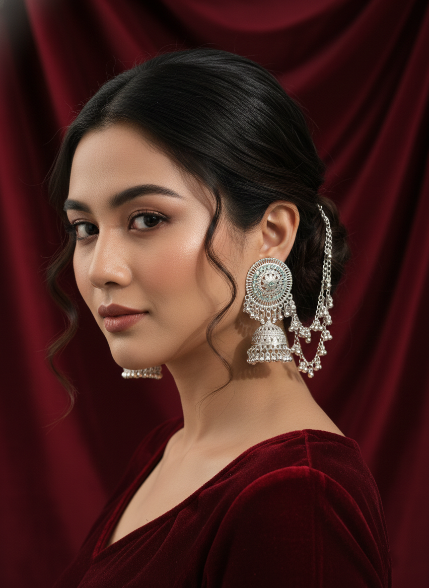Eluria Noor Silver-Tone Traditional Jhumkas with Ear Chain