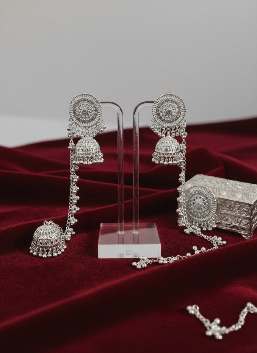 Eluria Noor Silver-Tone Traditional Jhumkas with Ear Chain