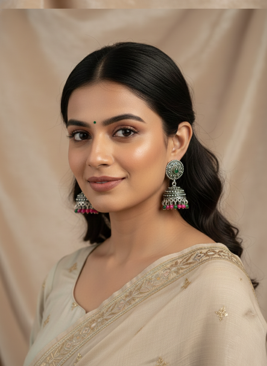 Eluria Oxidized Silver Multicolour Beaded Jhumka Earrings