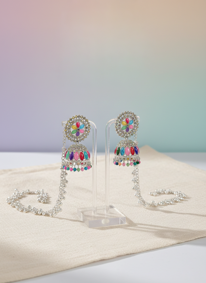 Eluria Multicolour Floral Stone Jhumkas with Ear Chain