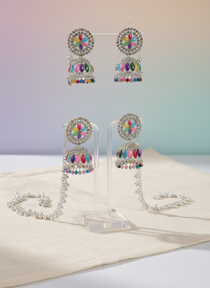 Eluria Multicolour Floral Stone Jhumkas with Ear Chain