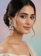 Eluria Multicolour Floral Stone Jhumkas with Ear Chain