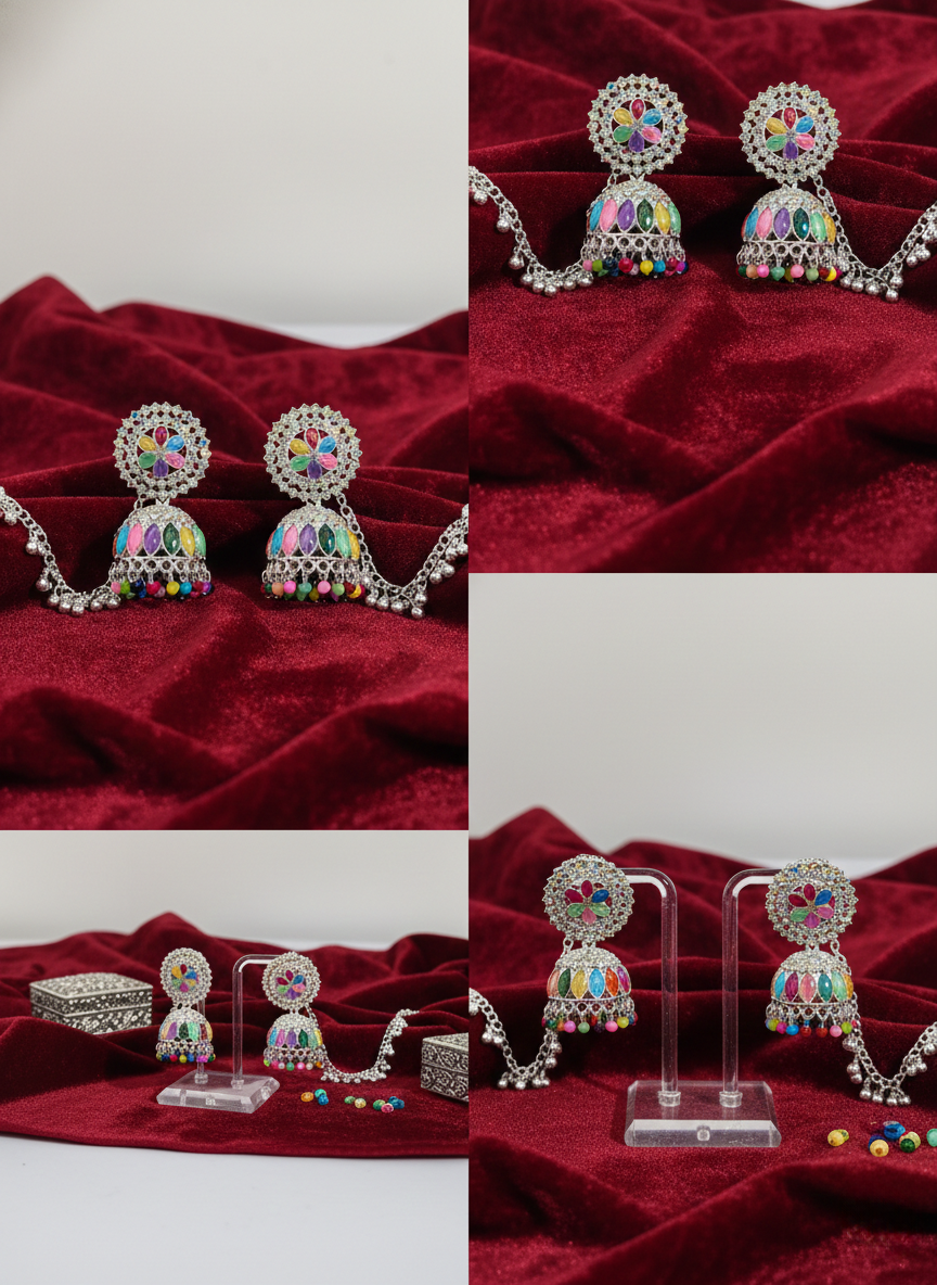 Eluria Multicolour Floral Stone Jhumkas with Ear Chain