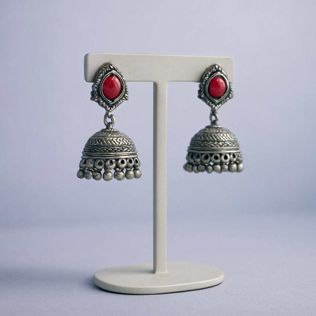 Eluria Oxidized Silver Red Stone Temple Jhumka Earrings – 2.0